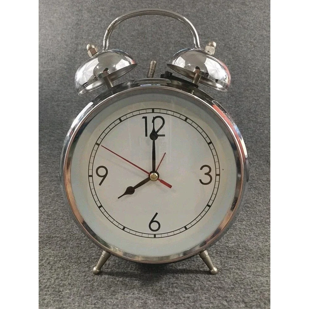 Chrome Alarm Clock Silver Retro Alarm Clock Battery Operated Analog Desktop Wall